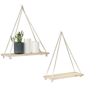 Set of 2 rope hanging wood shelves